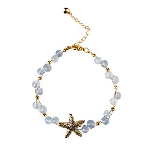 Alternative view of Handmade Natural Aquamarine Bead Bracelet for Women, Adjustable Starfish Clavicle Charm, Dainty Beach Ocean Healing Crystal Jewelry, Birthday Gift