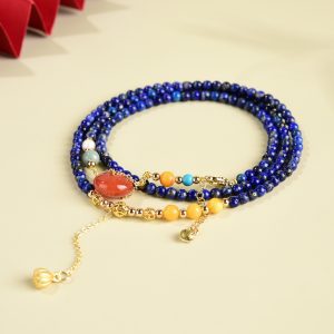 Handmade Natural Lapis Lazuli Multi-Layer Bracelet Necklace, 2-in-1 Beeswax Nanhong Ping'an Buckle Chinese Palace Style Healing Crystal Jewelry, Vintage Ethnic Gift for Women