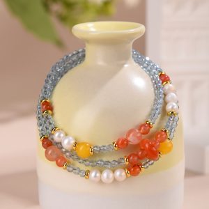 Alternative view of 3-Layer Blue Spinel Wrap Bracelet Necklace, 2-in-1 Natural Red Agate Pearl Clavicle Chain, Original Handmade Healing Crystal Jewelry for Women