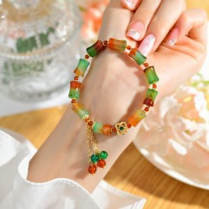 Alternative view of Natural Peacock Agate Bamboo Joint Bracelet, Unisex Spiritual Healing Crystal Jewelry for Calm