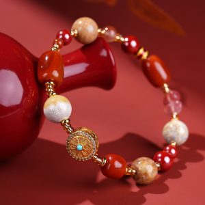 Alternative view of Handmade Red Agate Coral Jade Cinnabar Multi-Gem Bracelet, Spiritual Healing Crystal Bracelet for Women, Unique Boho Spiritual Symbol Jewelry for Daily Wear & Gifting