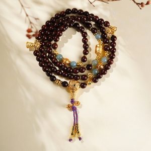 Natural Small Leaf Sandalwood Blue Water Jade Multi-Layer Mala Bracelet Necklace, New Chinese Style Cultural Creative Buddhist Jewelry for Women