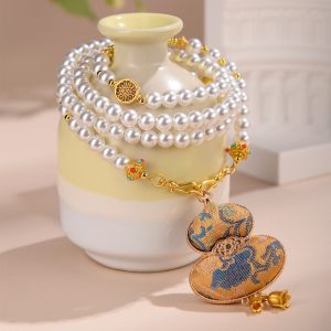 Song Brocade Gourd Fulu Pendant Necklace, Vintage Freshwater Pearl Sweater Chain, Handmade Cultural Creative Ethnic Jewelry for Women, Lucky Blessing Gift