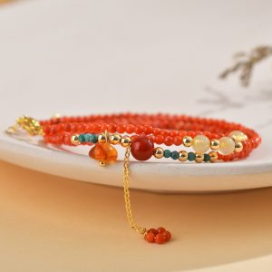 Alternative view of Natural Nanhong Red Agate Multi-Layer Bracelet Necklace, 2-in-1 Yellow Rutilated Quartz Dainty Crystal Jewelry for Women