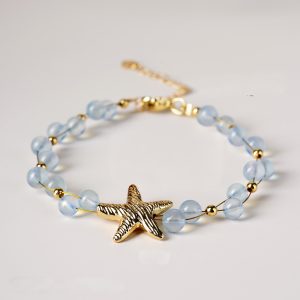 Handmade Natural Aquamarine Bead Bracelet for Women, Adjustable Starfish Clavicle Charm, Dainty Beach Ocean Healing Crystal Jewelry, Birthday Gift