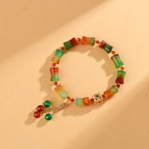 Natural Peacock Agate Bamboo Joint Bracelet, Unisex Spiritual Healing Crystal Jewelry for Calm