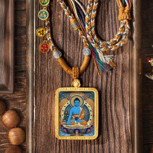Hand-Painted Medicine Buddha Thangka Pendant, Authentic Tibetan Buddhist Amulet Necklace with Handwoven Cord, Spiritual Healing Crystal Jewelry for Meditation & Wellness