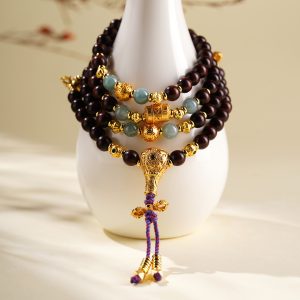 Alternative view of Natural Small Leaf Sandalwood Blue Water Jade Multi-Layer Mala Bracelet Necklace, New Chinese Style Cultural Creative Buddhist Jewelry for Women