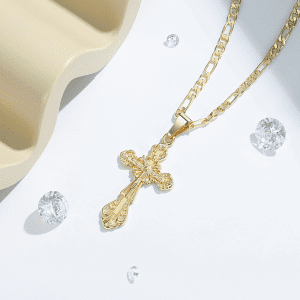 Alternative view of Vintage Carved Jesus Crucifix Gold Plated Necklace, Hip Hop Religious Pendant Necklace for Men