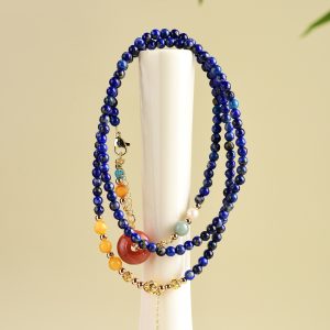 Alternative view of Handmade Natural Lapis Lazuli Multi-Layer Bracelet Necklace, 2-in-1 Beeswax Nanhong Ping'an Buckle Chinese Palace Style Healing Crystal Jewelry, Vintage Ethnic Gift for Women