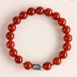 Natural polished round red carnelian beaded bracelet with pixiu charm, handmade lucky healing crystal jewelry for protection and prosperity