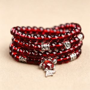 Alternative view of Burgundy Imitation Garnet Four Leaf Clover Couple Bracelet